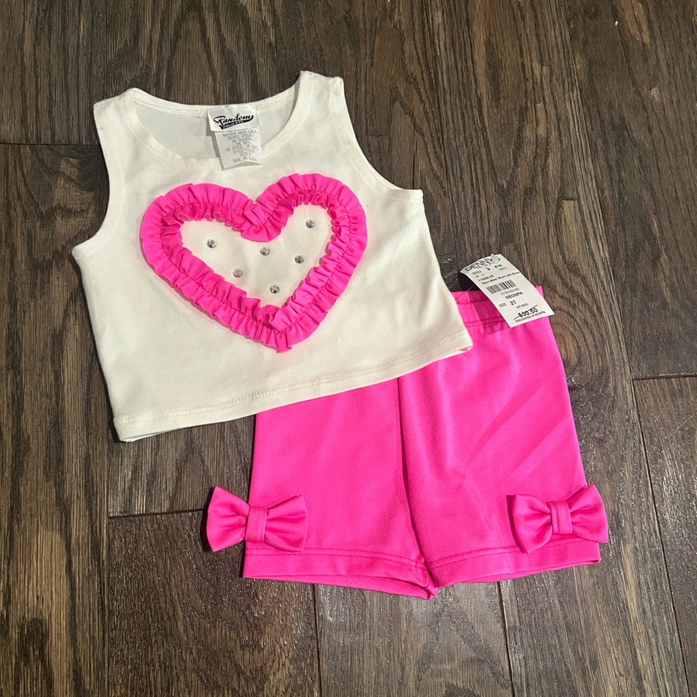 Brand New Toddler White and Pink Heart Tank Top and Shorts Set Size 2T